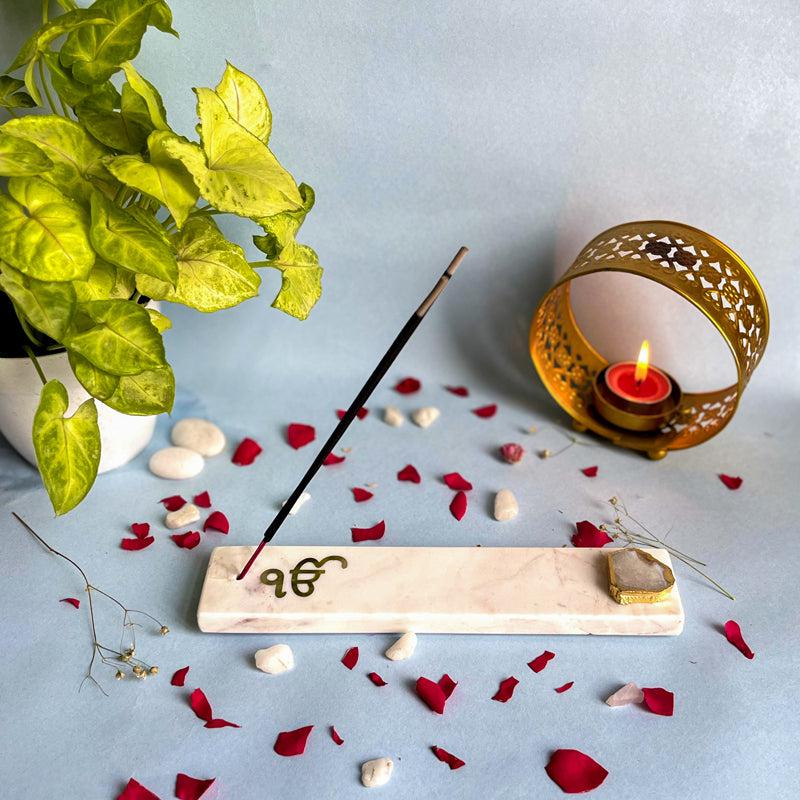 In Onkar Marble Incense Holder With Agate Plating - White
