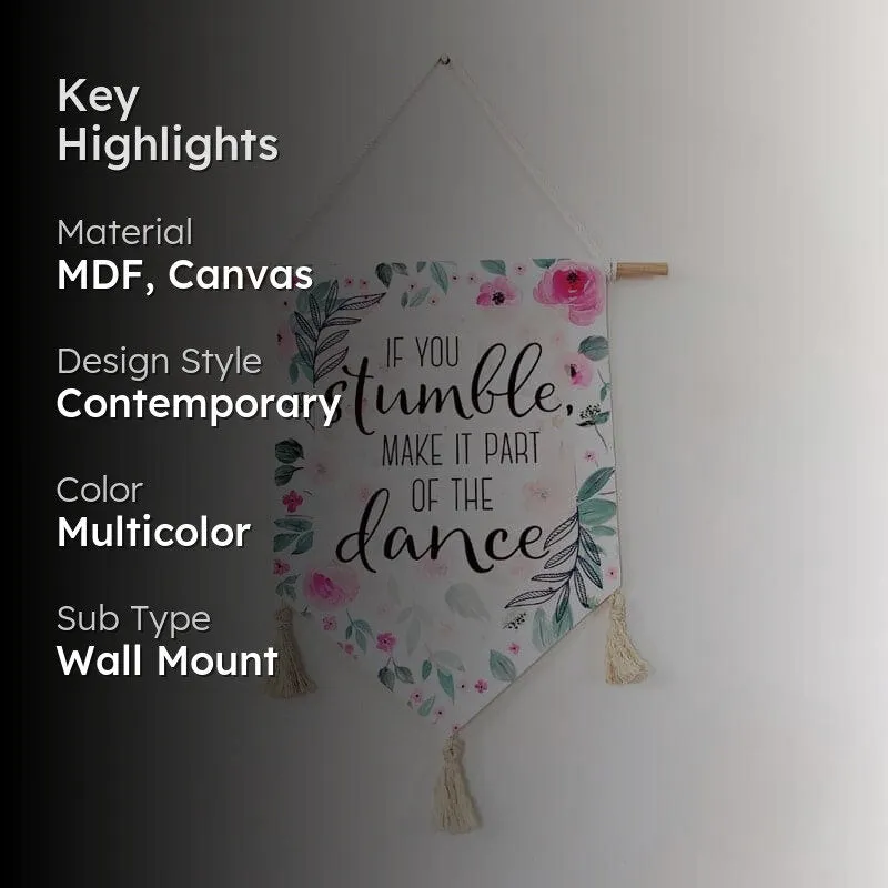 Floral wall hanging displayed with key highlights text overlay