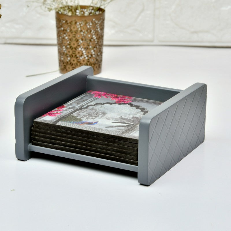 Marble Luxe Wooden Coasters with Holder - Seven Piece Set