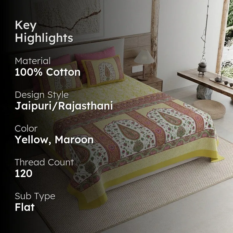 Ethnic Glow Cotton Bedsheet (Yellow,Maroon) - 120 TC media 2