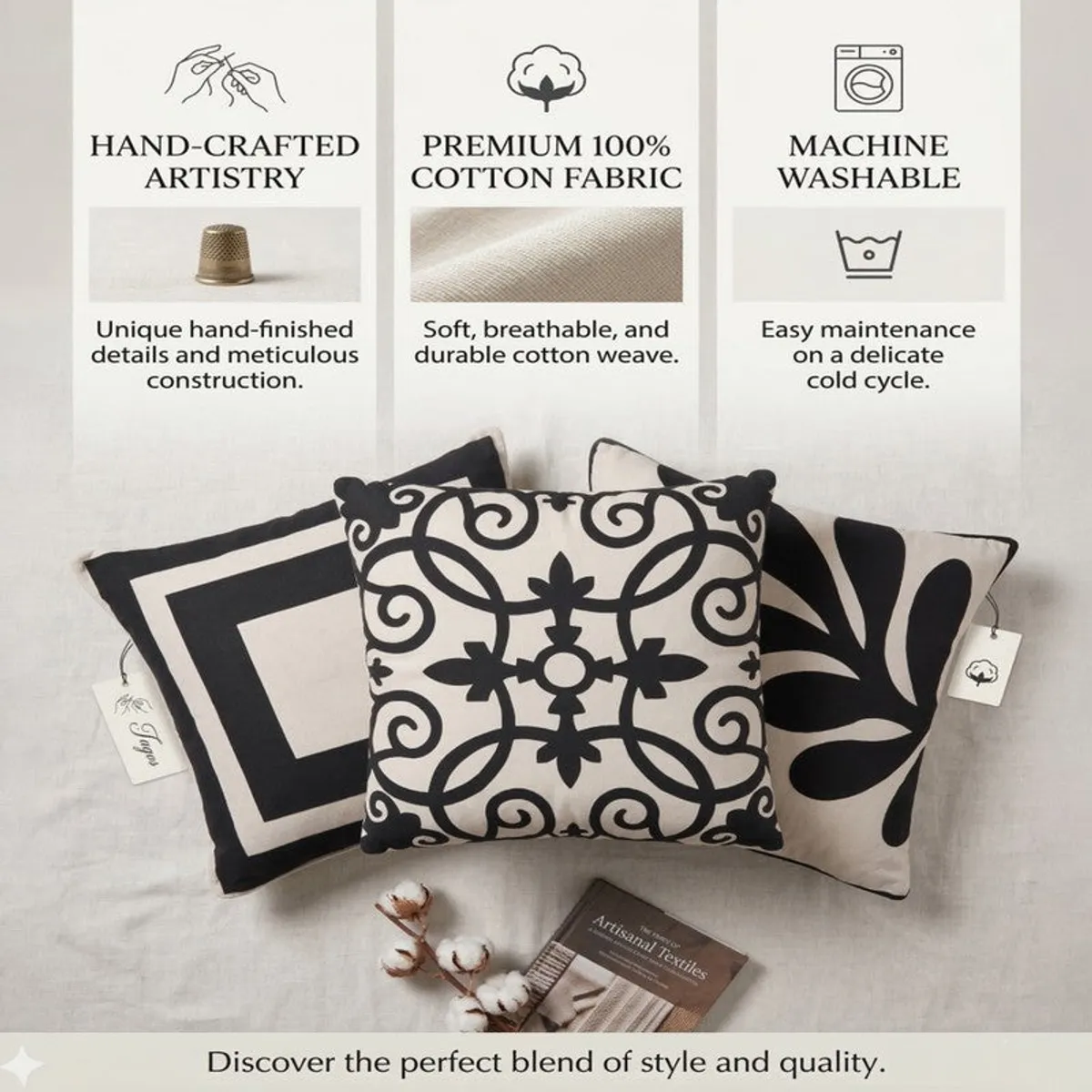 Three patterned cushion covers arranged with cotton stems and decor