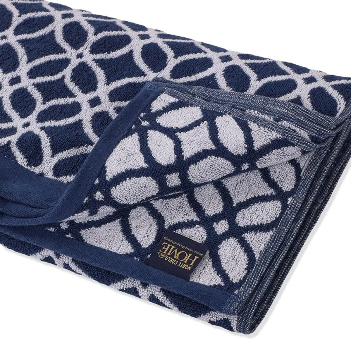 Close-up of the textured blue and white towel pattern and border