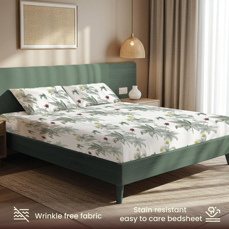 Emerald Blossom Floral Cotton Bedsheets (Green & White) - 200 TC media 5