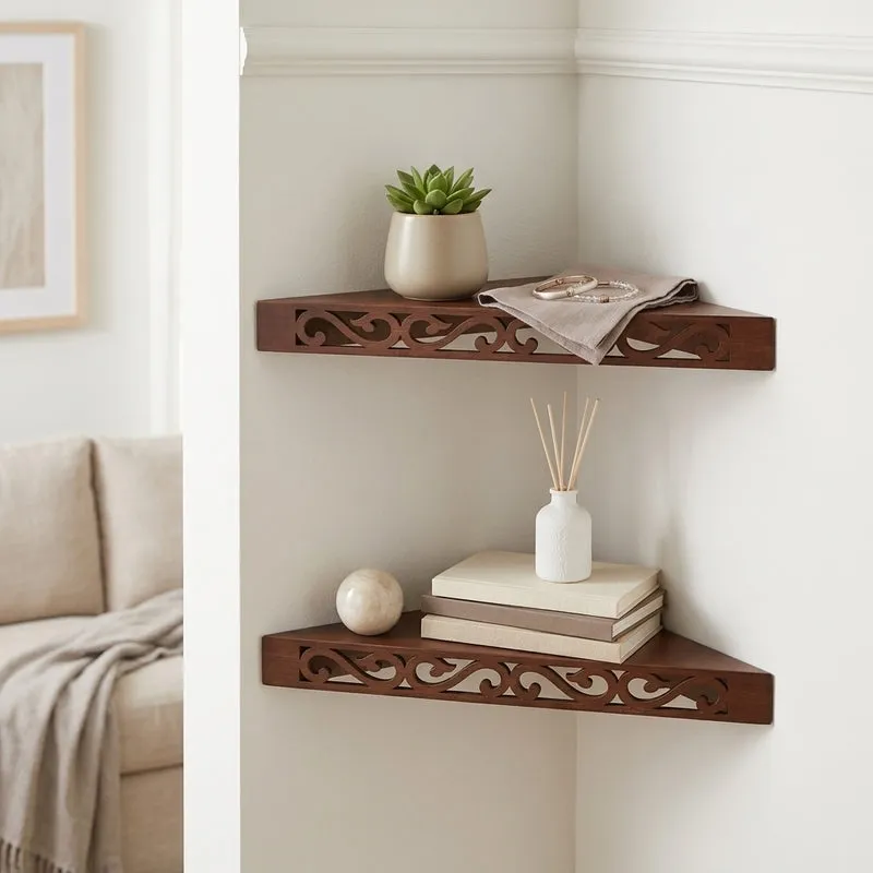 Delores Corner Floating Shelf (Brown) - Set Of Two media 1