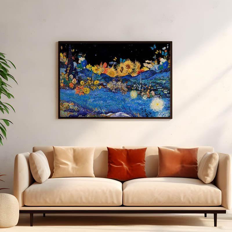 Sunflower Garden & Starry Night Remix By Vincent Van Gogh - Black Frame