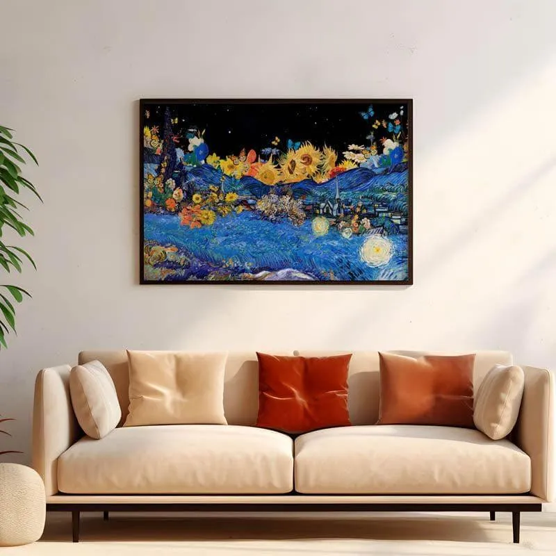 Sunflower Garden & Starry Night Remix By Vincent Van Gogh - Black Frame media 1