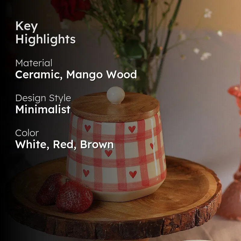 Checkered Charm Ceramic Storage Jar with Mango Wood Lid -  800 mL media 2
