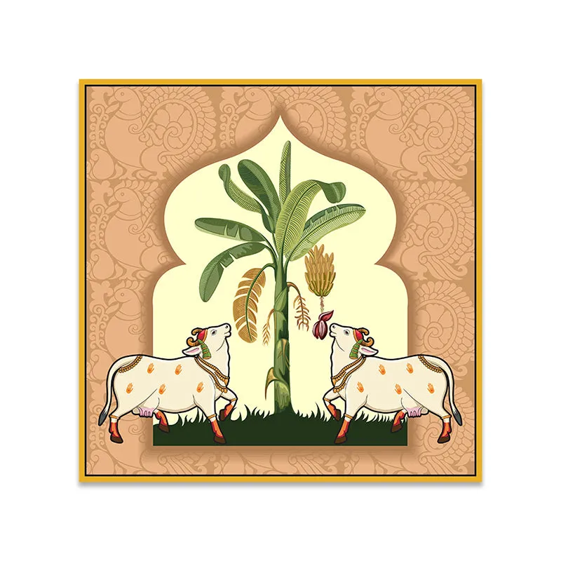 Cows & Canopy Canvas Wall Painting With Frame - Gold media 6