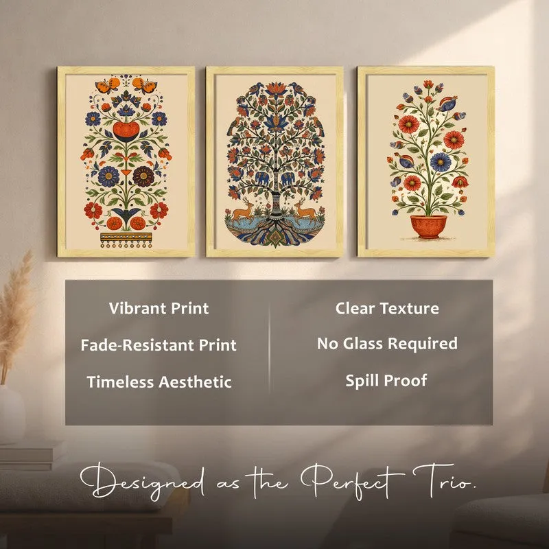 Indian Folk Floral Paper Wall Painting With Frame - Set Of Three media 7