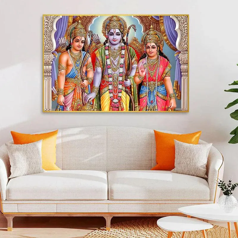 Sita Rama Lakshmana Spiritual Canvas Wall Painting With Frame - Gold media 1