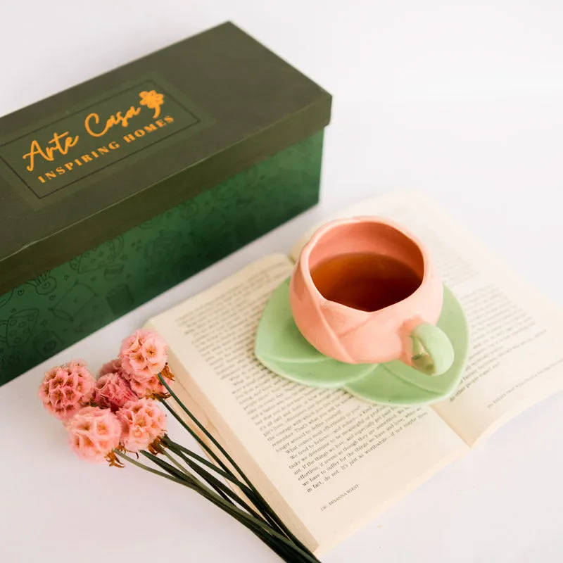 Tulip Glaze Pink & Green Mug & Saucer (300 Ml) - Two Piece Set media 1