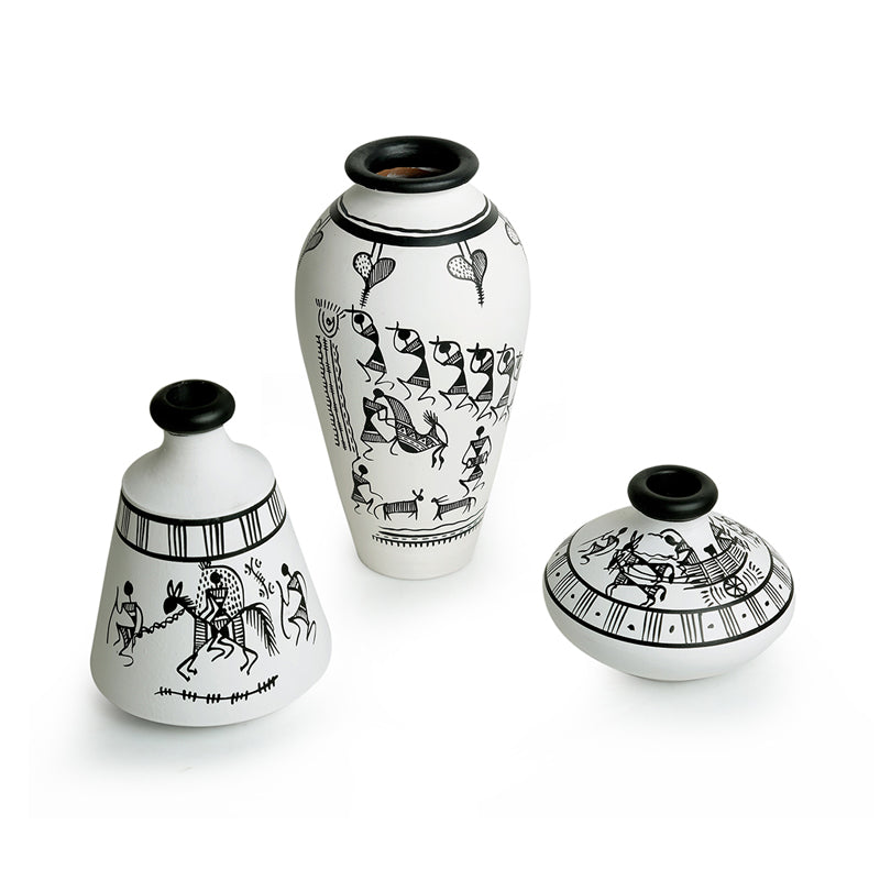 Vasavi Warli Handpainted Terracotta Vase - Set Of Three media 3