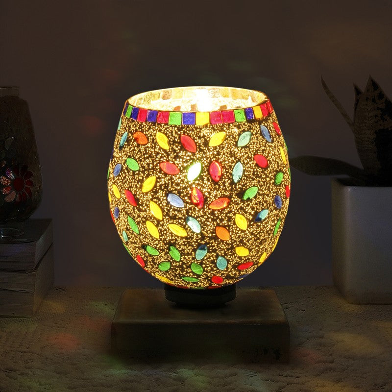 Glaze Mosaic Glass Table Lamp With Wooden Base - Multicolor