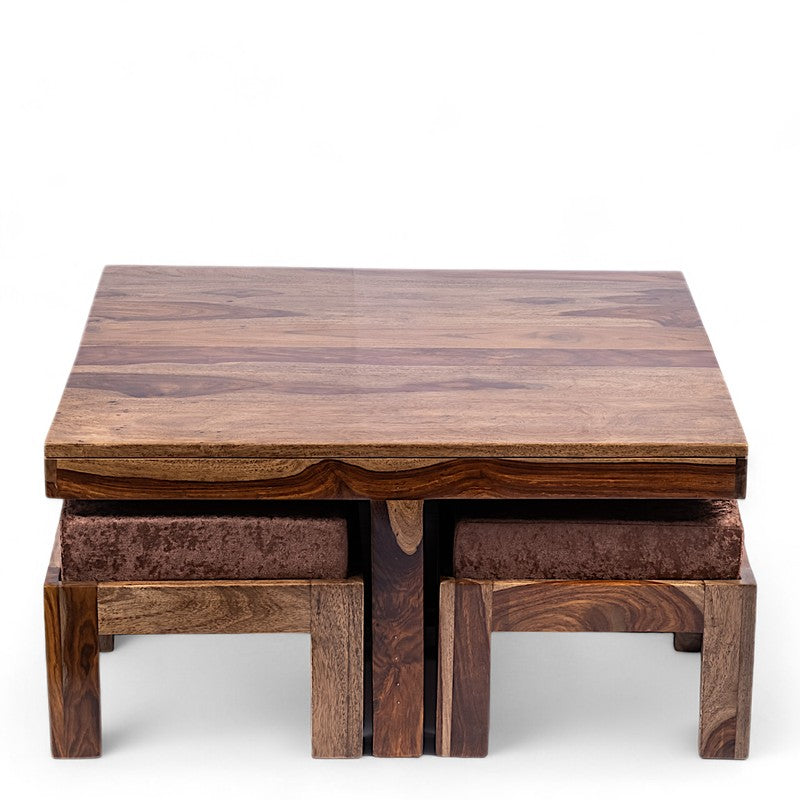 Evrino Sheesham Wooden Center Table with Stools and Cushions (Brown,Beige) - Nine Piece Set media 3