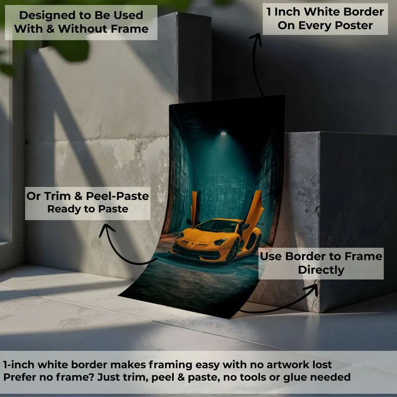 Single car poster shown unframed with a white border against concrete blocks