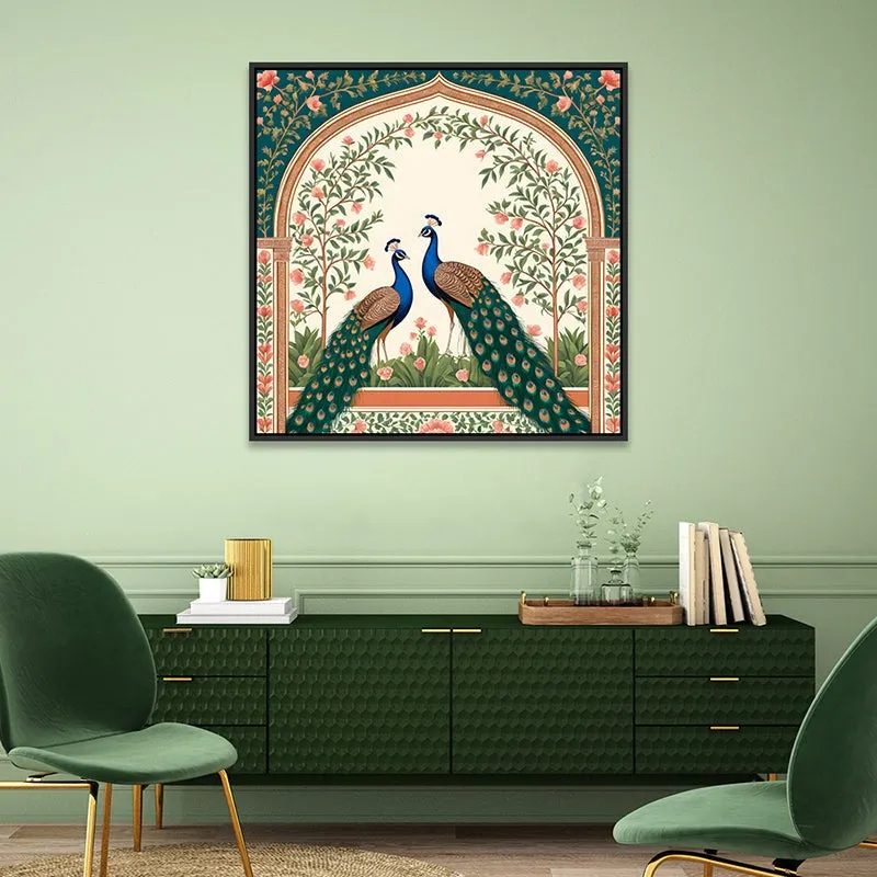 Framed peacock wall painting displayed above a green console in a room