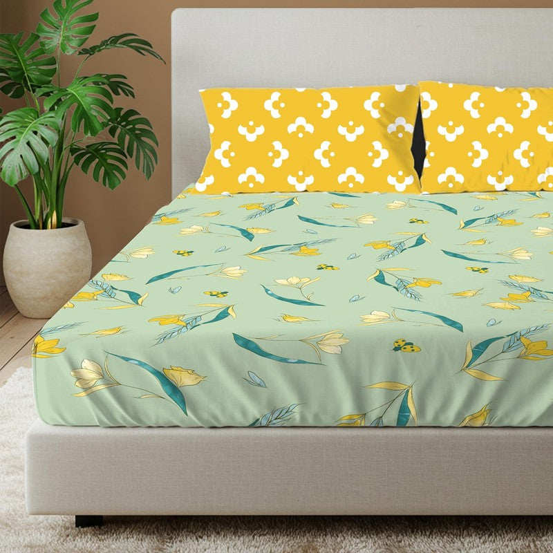 Lime Sunshine Floral Cotton Bedsheets (Green & Yellow) - 144 TC media 3