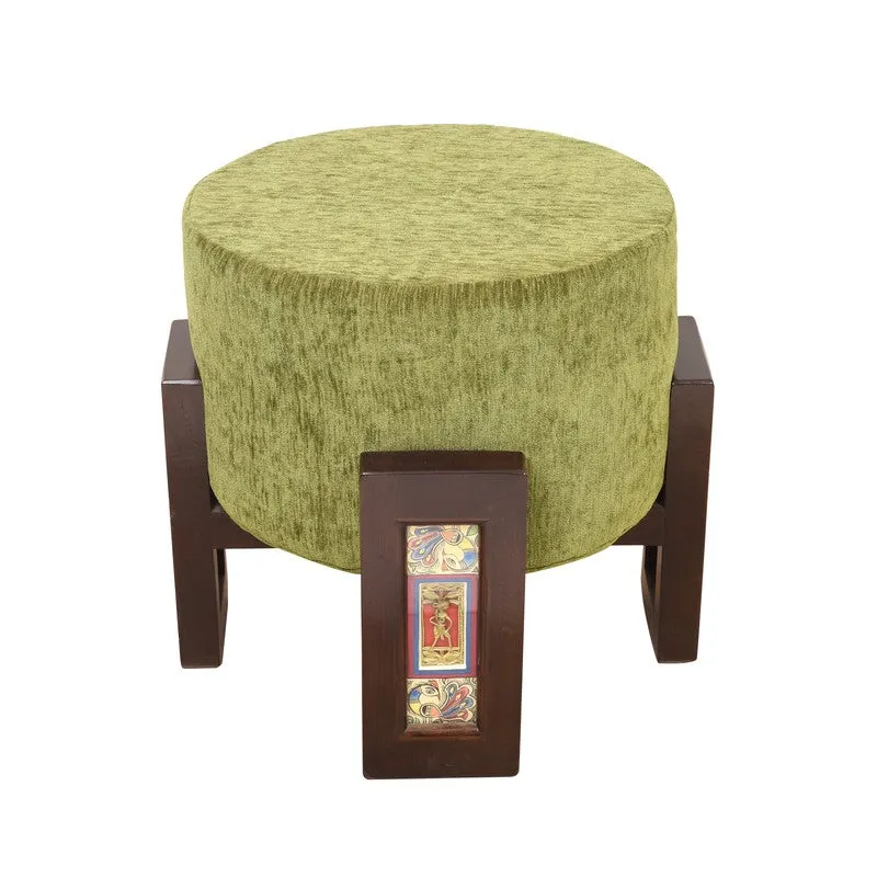 Suede Teak Wood Pouffe - Green media 3