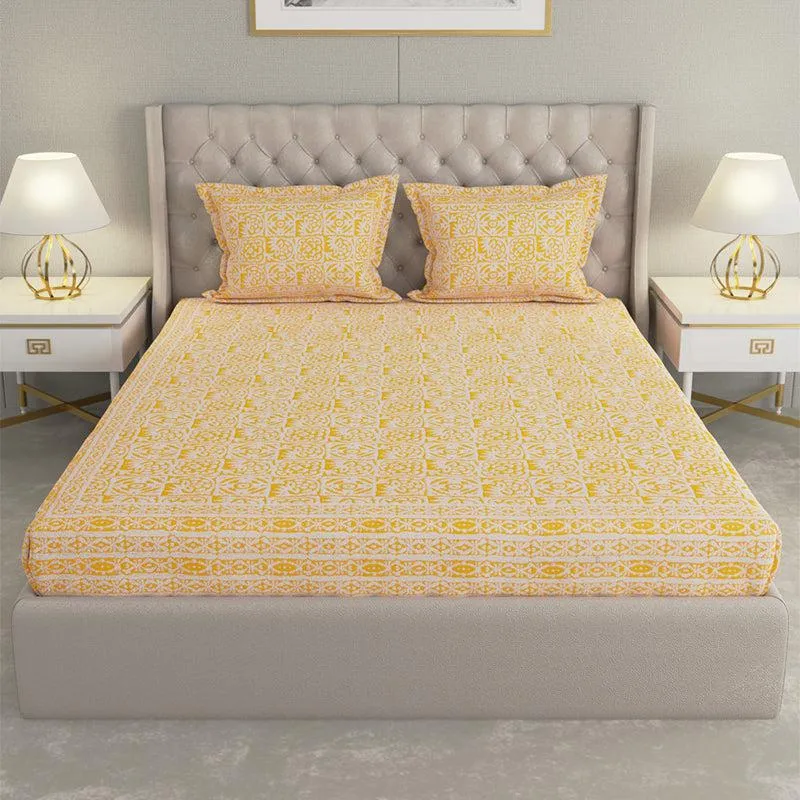 Gulshan Printed Cotton Bedsheet (Yellow) - 240 TC media 1