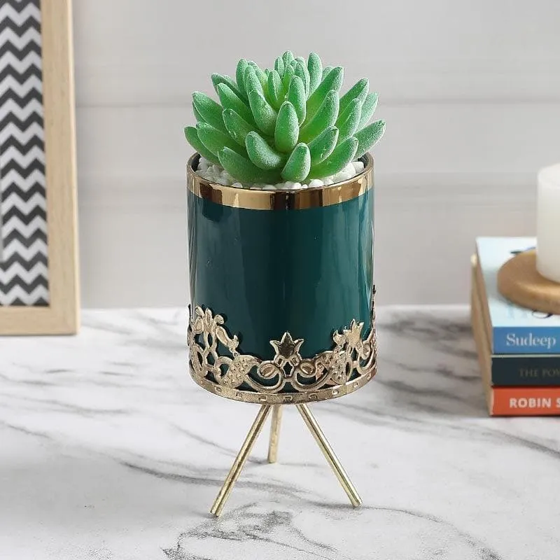 Faux Echeveria In Blue Ceramic Pot - 22.5 cms media 1