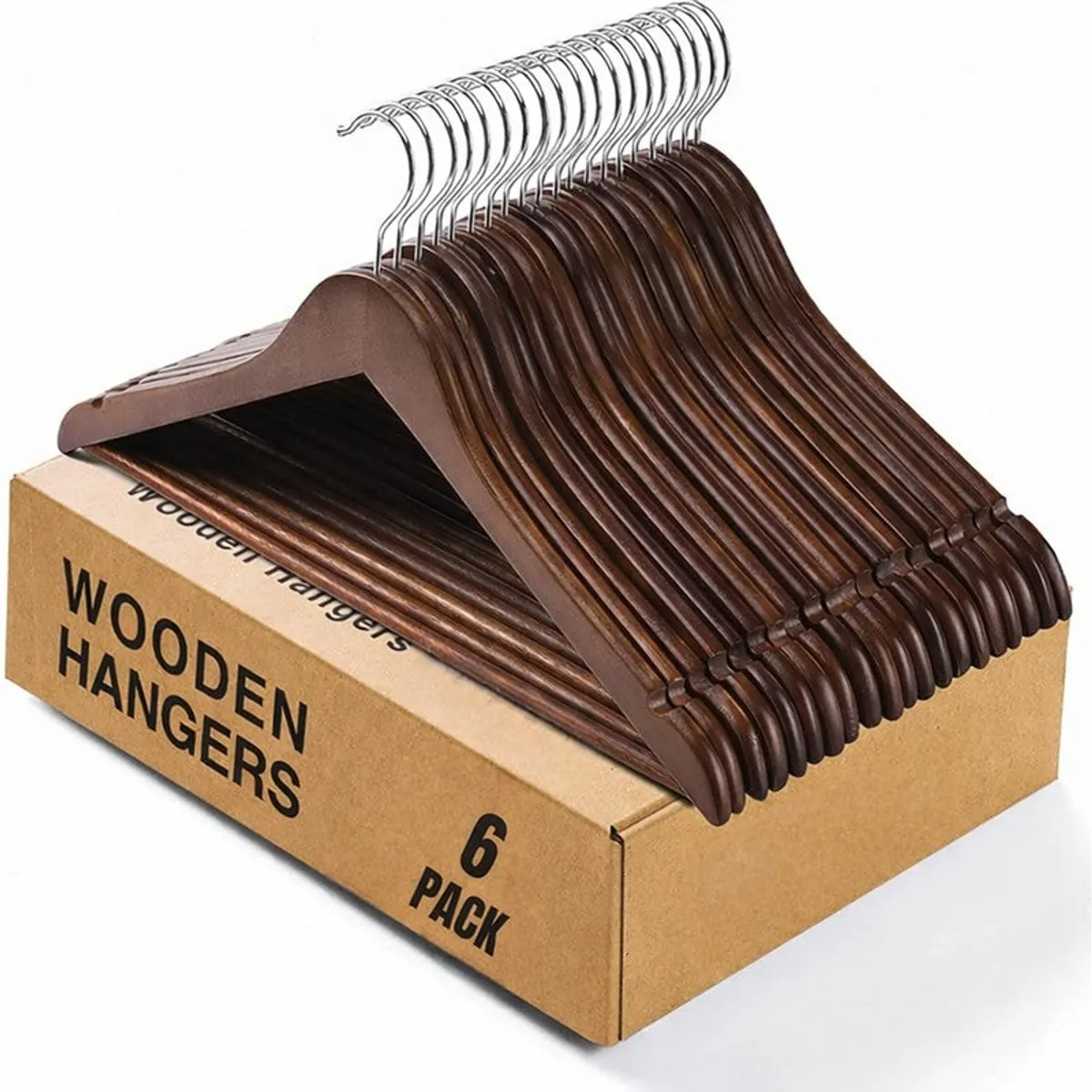 Six-pack of brown wooden hangers arranged on a cardboard box