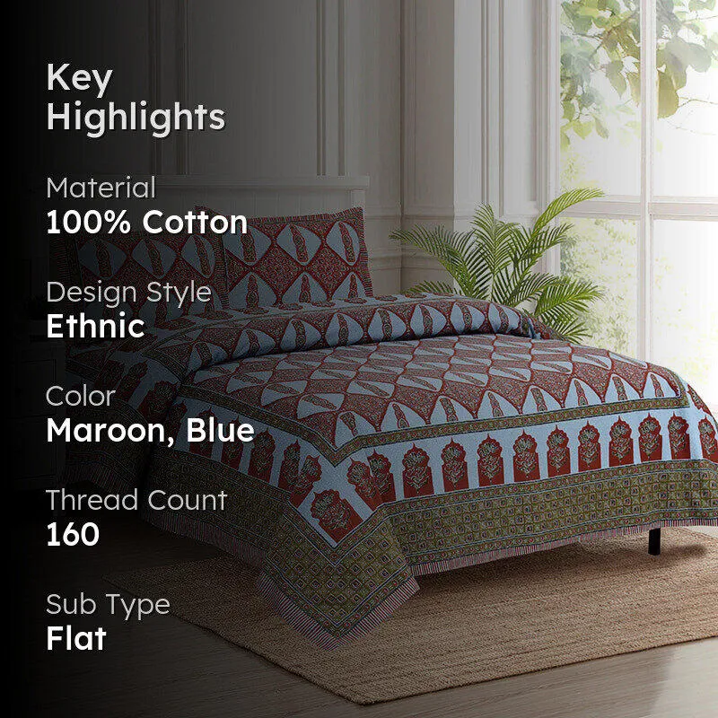 Apeksha Ethnic Cotton Bedsheet (Maroon) - 160 TC media 2