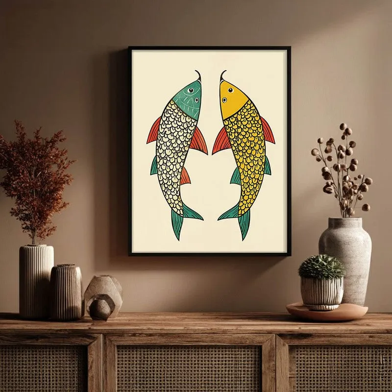 Twin Fish Folk Art Canvas Wall Painting With Black Frame media 6
