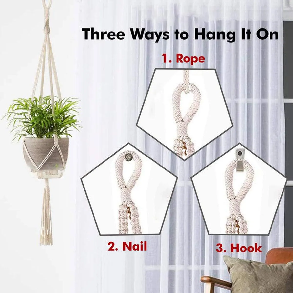White macrame plant hanger displayed near a window with close-up views of the hanging loop