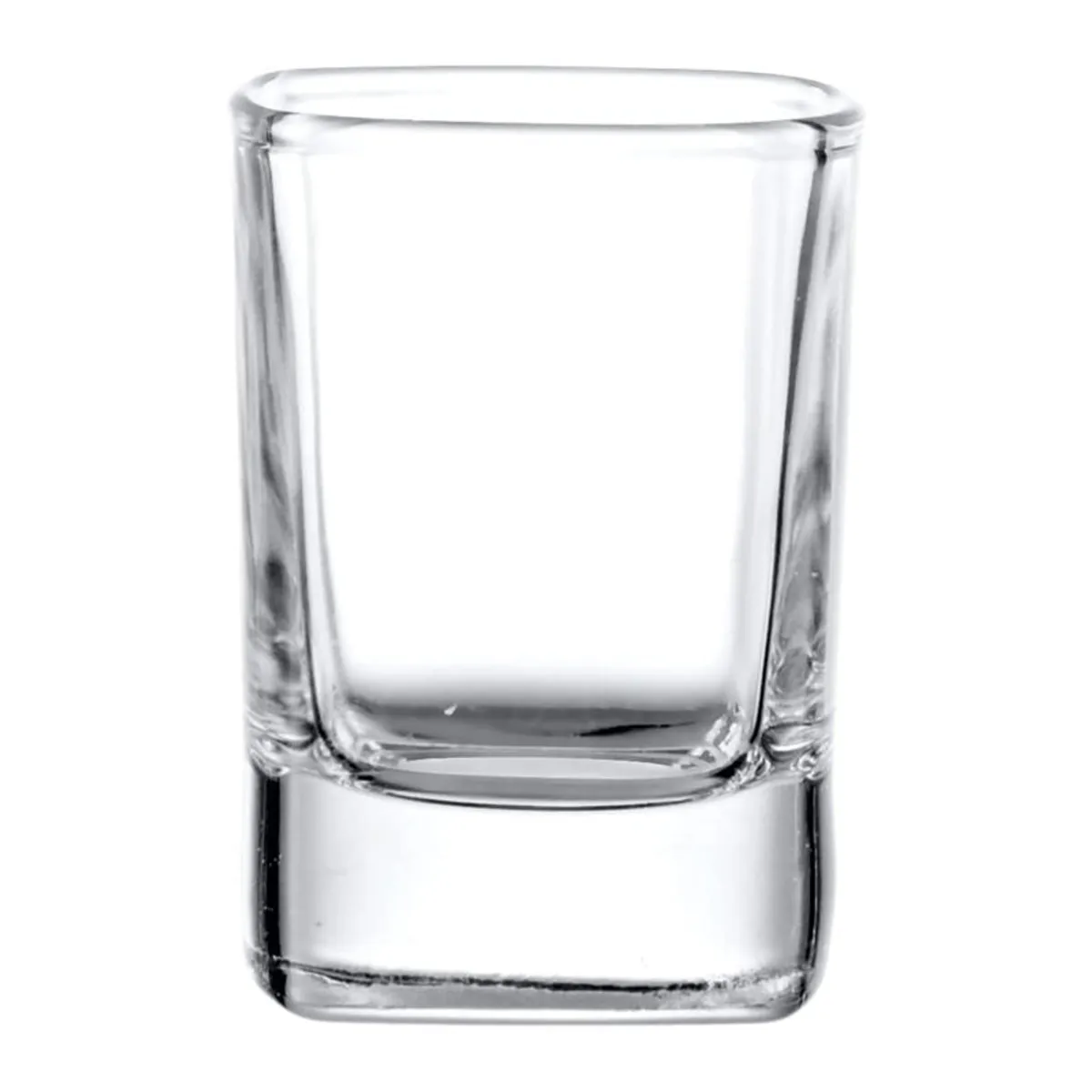 Single transparent square shot glass on a white background