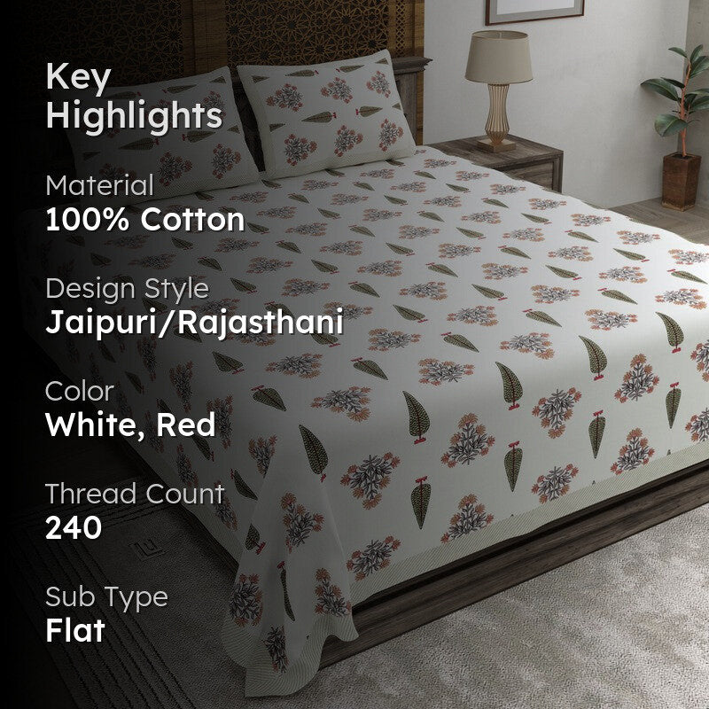 Desia Cotton Bedsheet (White,Red) - 240 TC media 2