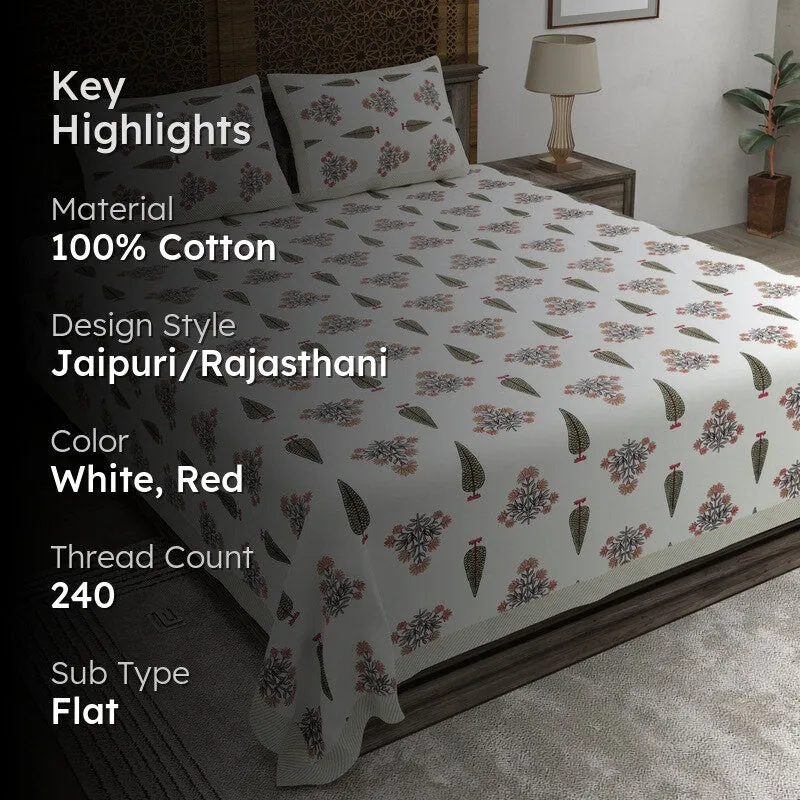 Desia Cotton Bedsheet (White,Red) - 240 TC media 2
