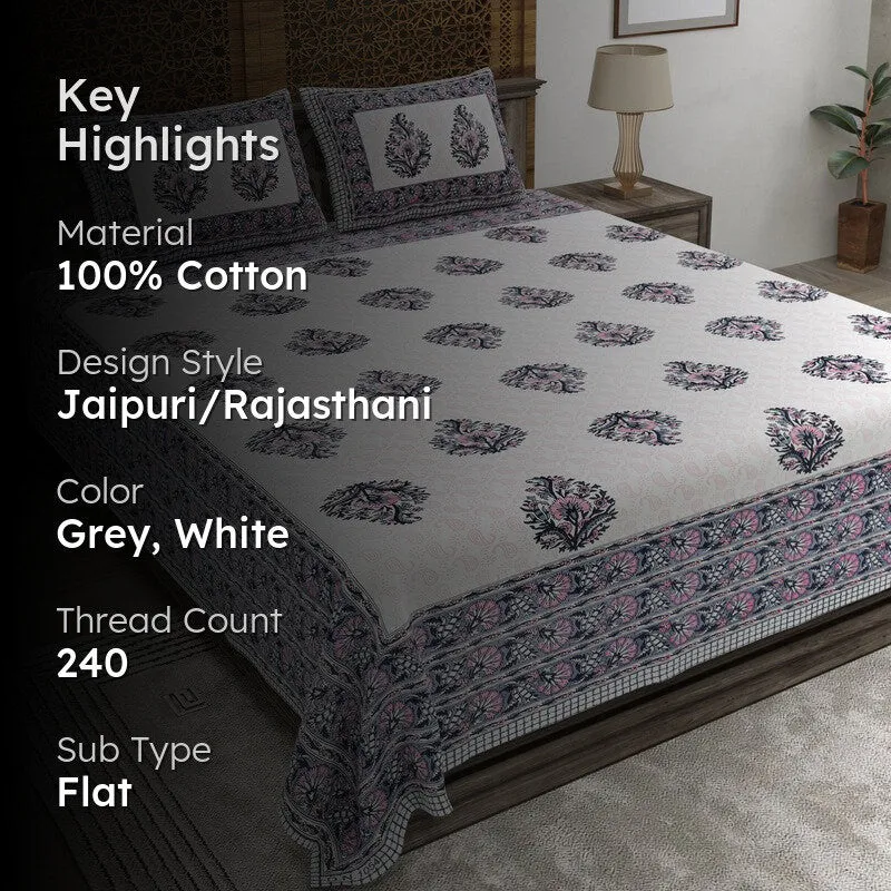 Vineel Cotton Bedsheet (Grey,White) - 240 TC media 2