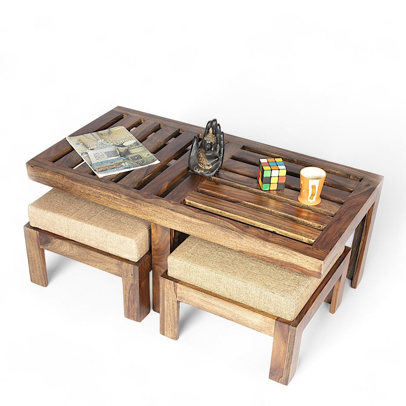 Dravon Sheesham Wooden Center Table with Stools (Brown) - Five Piece Set media 3
