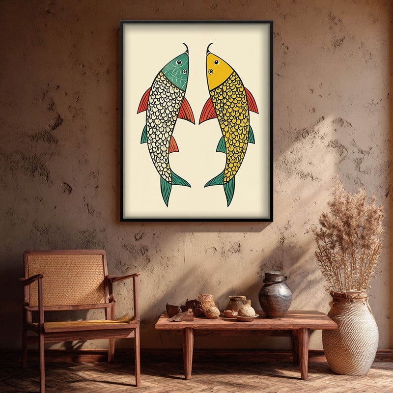 Twin Fish Folk Art Canvas Wall Painting With Black Frame media 9