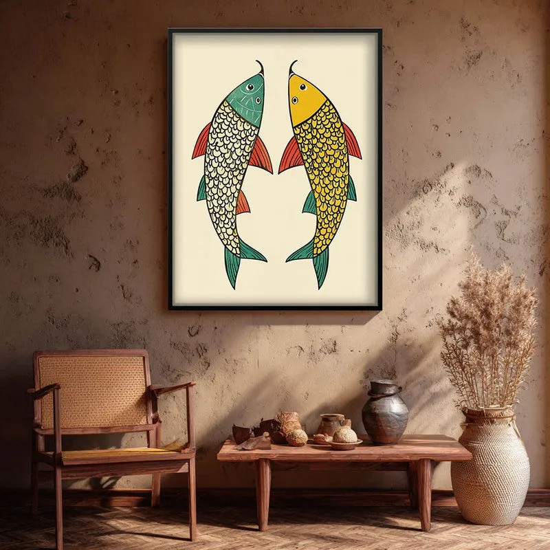 Twin Fish Folk Art Canvas Wall Painting With Black Frame media 9