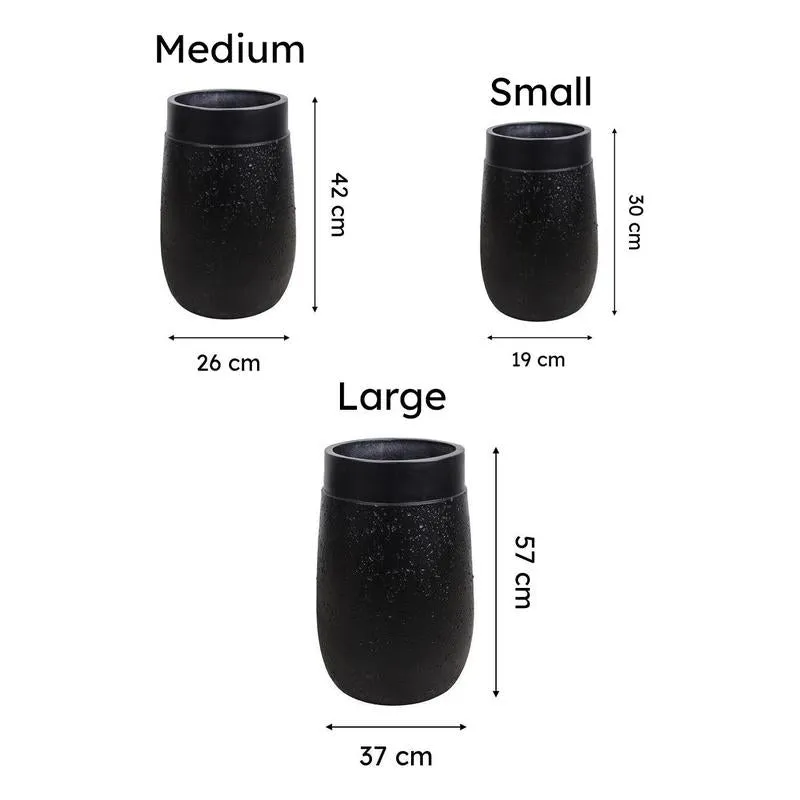 Large, medium and small black planters shown with size markings