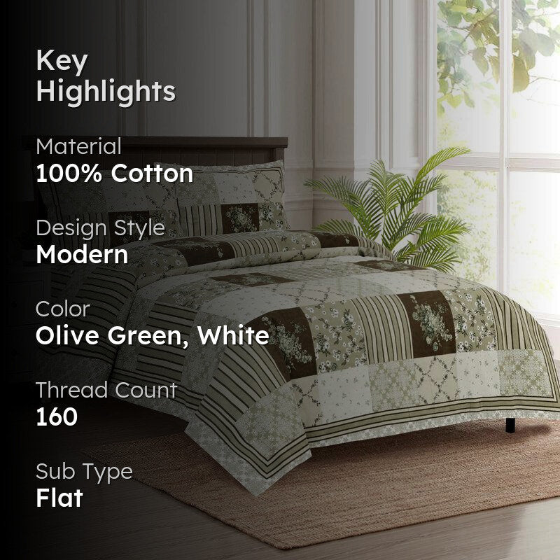 Moorah Cotton Bedsheet (Olive Green,White) - 160 TC media 2