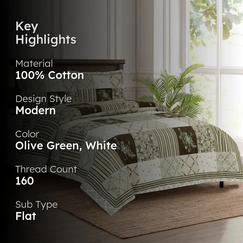 Moorah Cotton Bedsheet (Olive Green,White) - 160 TC media 2