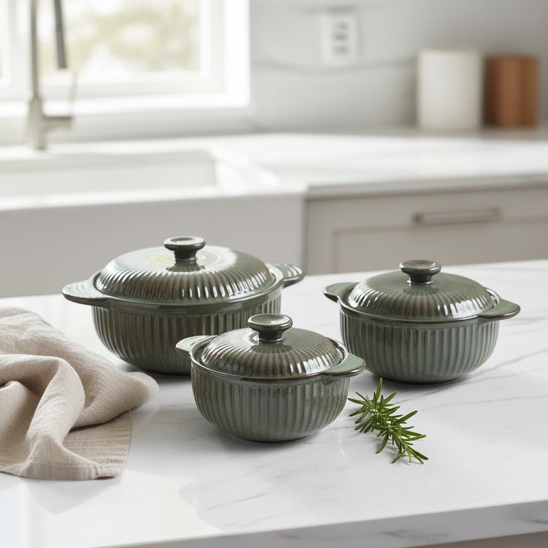 Olive Ceramic Casserole Set - Set of Three