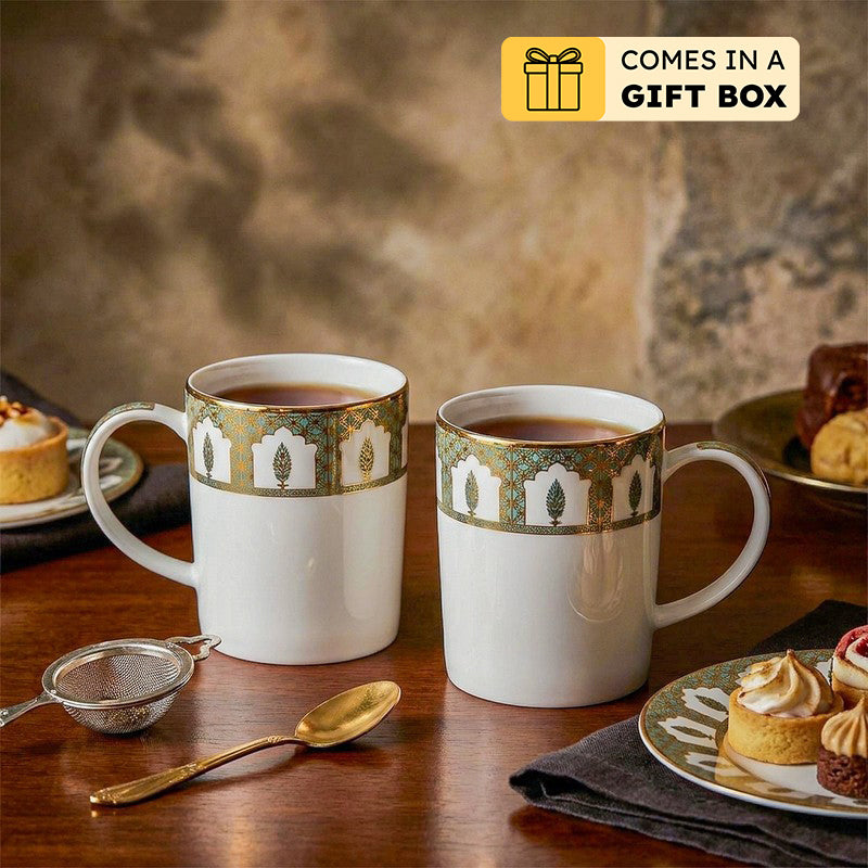Gilded Chinar Slim 24k Gold Brushed Porcelain Coffee Mug (280 mL Each) - Set Of Two - 280 ML