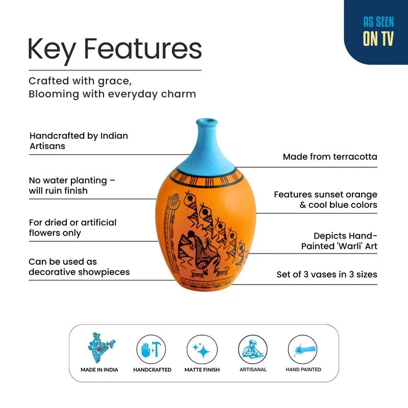 Warli Tales Vases - Set of 3 (Orange, Blue) media 5
