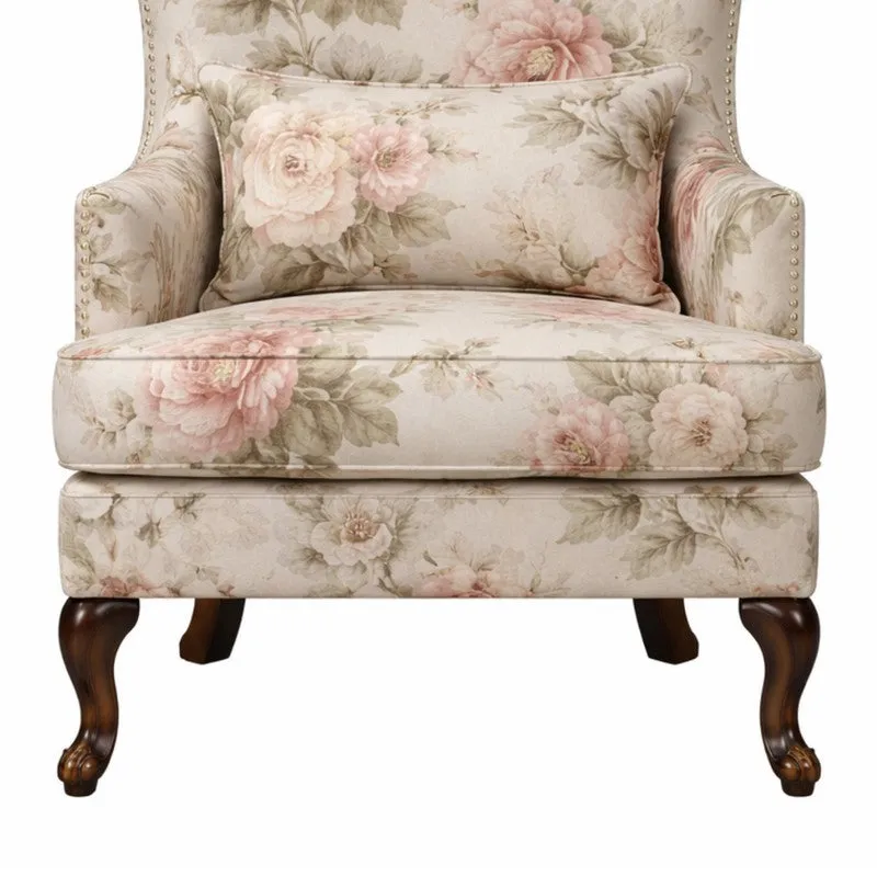 Zenlyx Teak Wood & Velvet Botanical Print Lounge Chair media 5