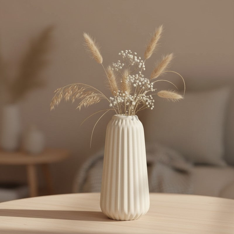 Flutia Ribbed Cylindrical Ceramic Vase - Ivory