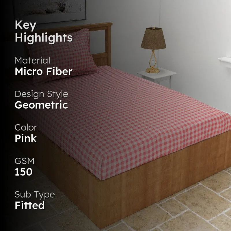 Checkered Dreams Fitted Micro Fiber Bedsheet (Pink) - 150 GSM media 2