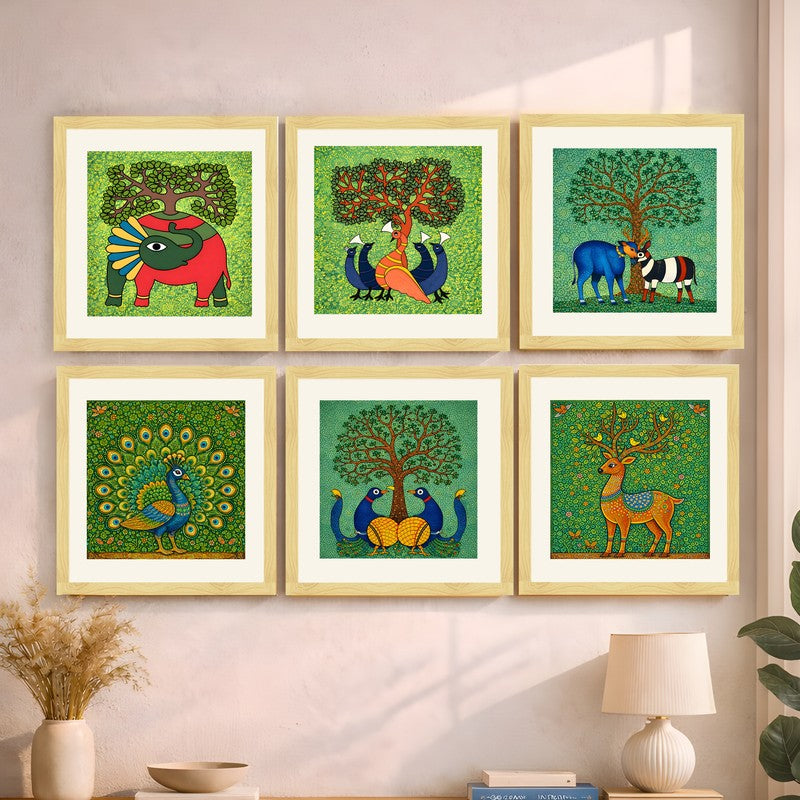 Forest Folk Paper Wall Painting With Frame - Set Of Six