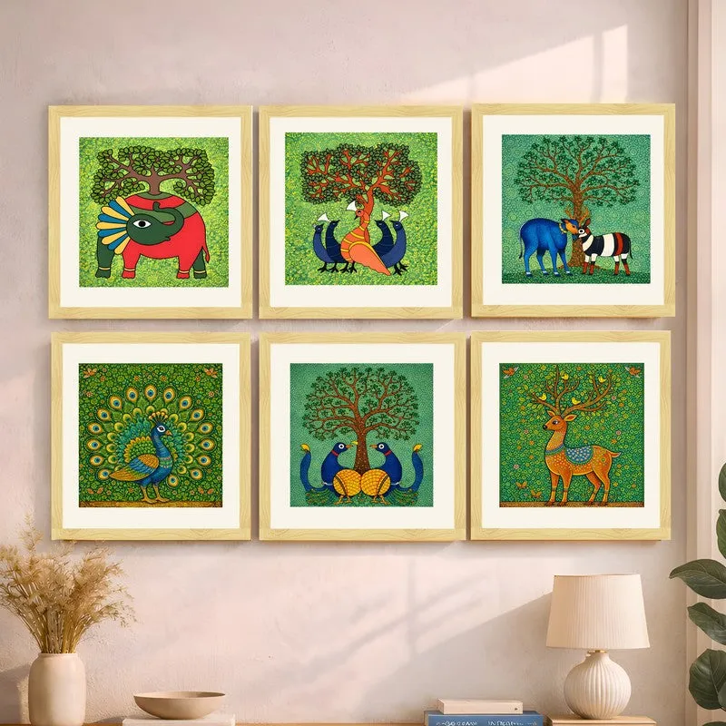 Forest Folk Paper Wall Painting With Frame - Set Of Six media 1