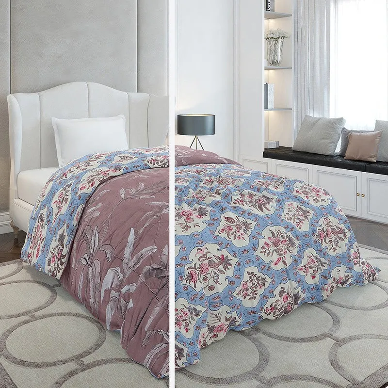 Monte Carlo Bloomira Floral Brown & Polyester Reversible Comforter (Blue) - 120 GSM media 3