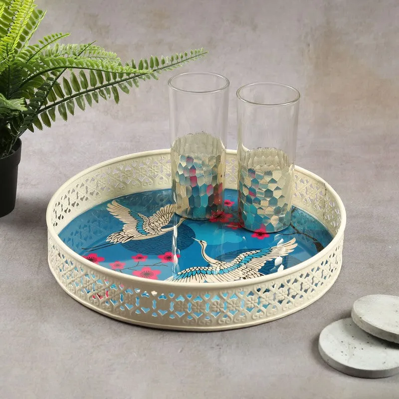 India Circus Cranebloom Blue & White Round Galvanized Iron Serving Tray media 1