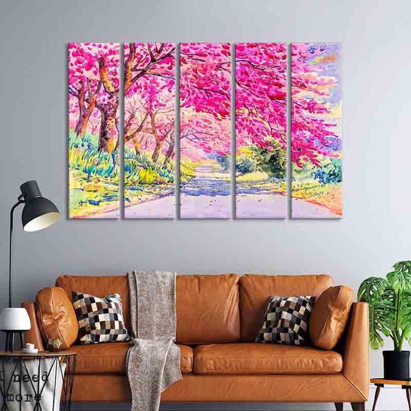 Pink Blossom Pathway Canvas Wall Art - Five Piece Set