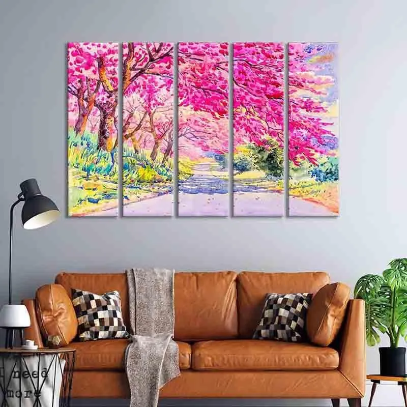 Pink Blossom Pathway Canvas Wall Art - Five Piece Set media 1